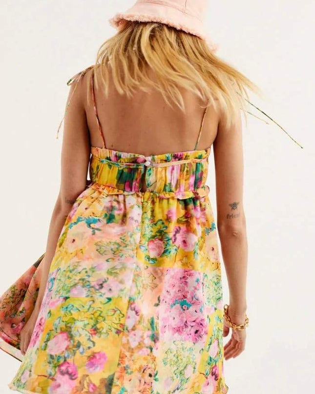 Mona Çiçek Baskılı Şifon Mini Elbise