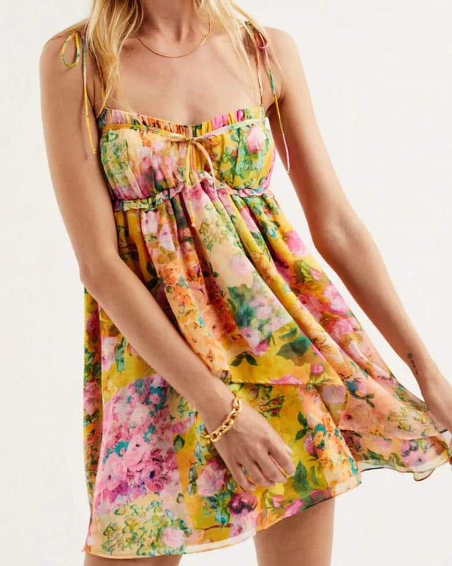 Mona Çiçek Baskılı Şifon Mini Elbise