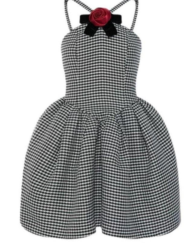 Mona Kaz Ayağı Gül Fiyonklu A Kesim Mini Elbise