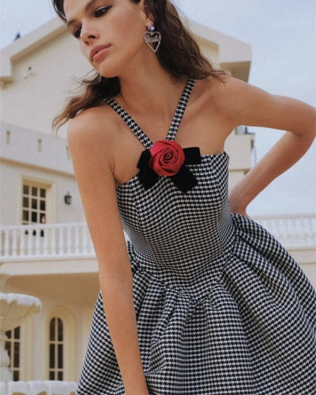 Mona Kaz Ayağı Gül Fiyonklu A Kesim Mini Elbise