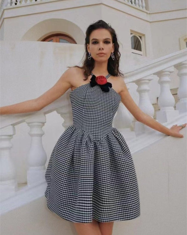 Mona Kaz Ayağı Gül Fiyonklu A Kesim Mini Elbise