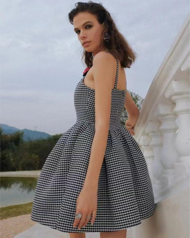 Mona Kaz Ayağı Gül Fiyonklu A Kesim Mini Elbise