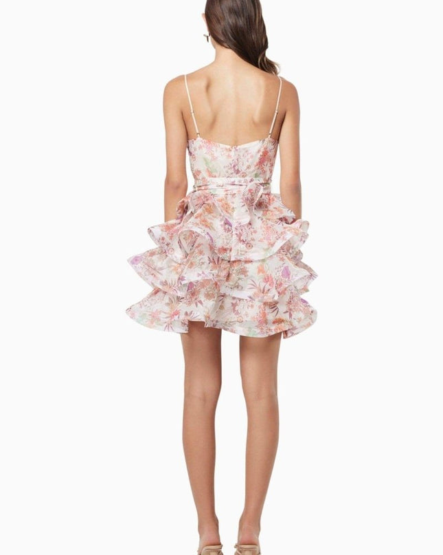 Monica Çiçek Baskılı Volanlı Mini Elbise