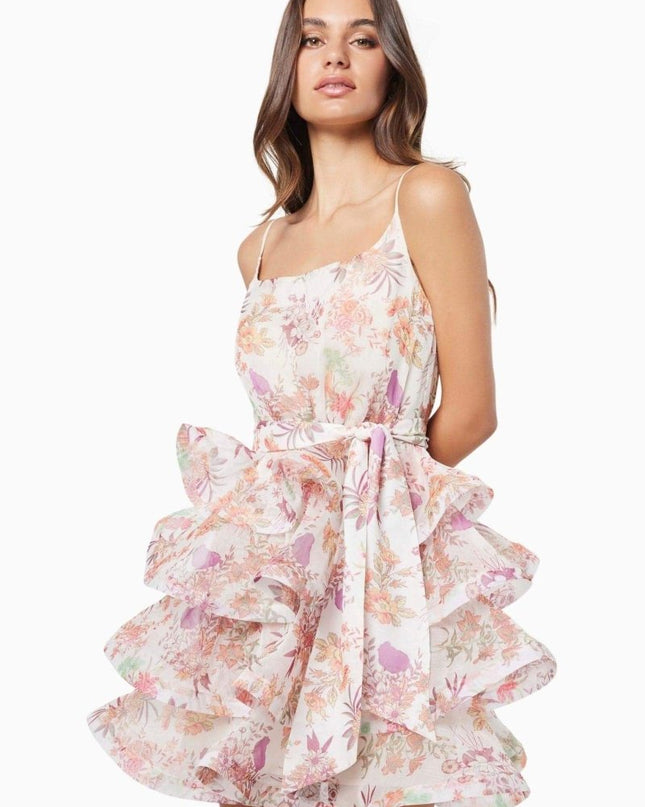 Monica Çiçek Baskılı Volanlı Mini Elbise