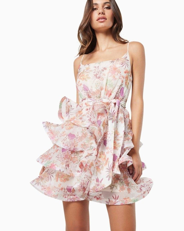 Monica Çiçek Baskılı Volanlı Mini Elbise