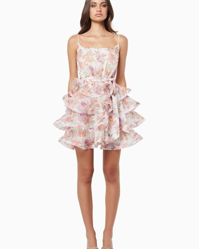 Monica Çiçek Baskılı Volanlı Mini Elbise