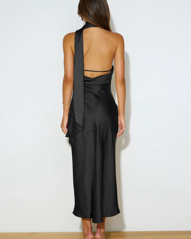 Nad Cowl Halter Yaka Saten Midi Elbise