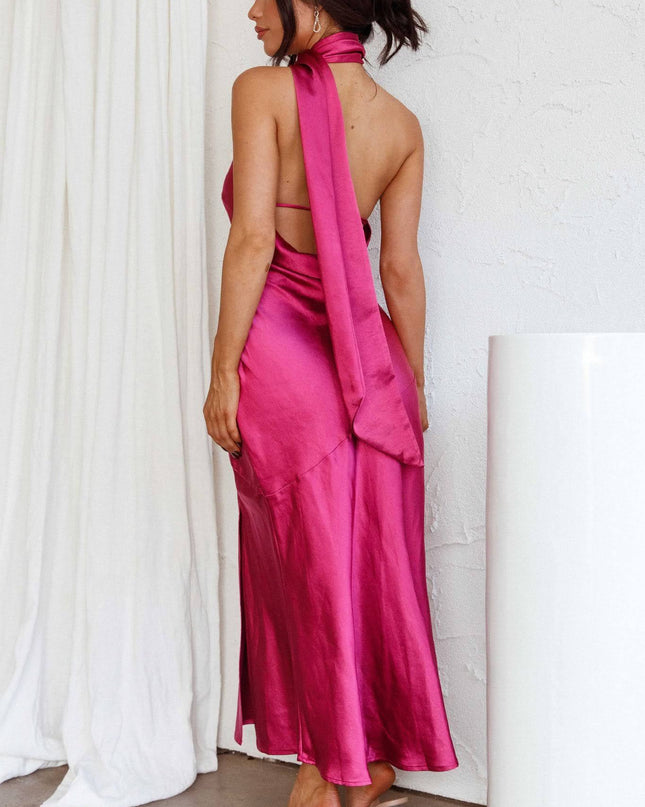 Nad Cowl Halter Yaka Saten Midi Elbise