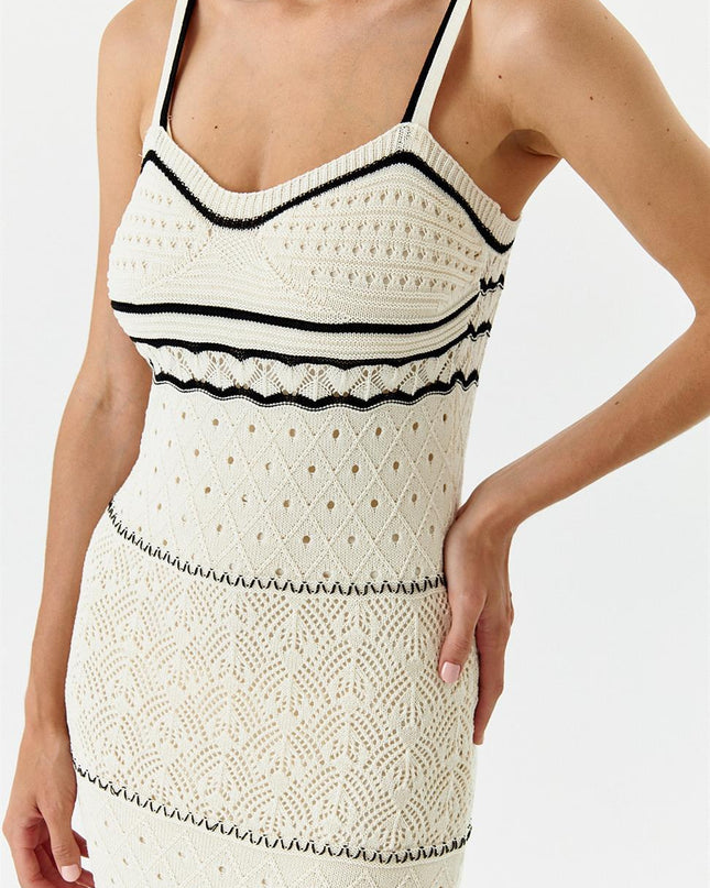 Nan Kontrast Tığ İşi Uzun Askılı Elbise