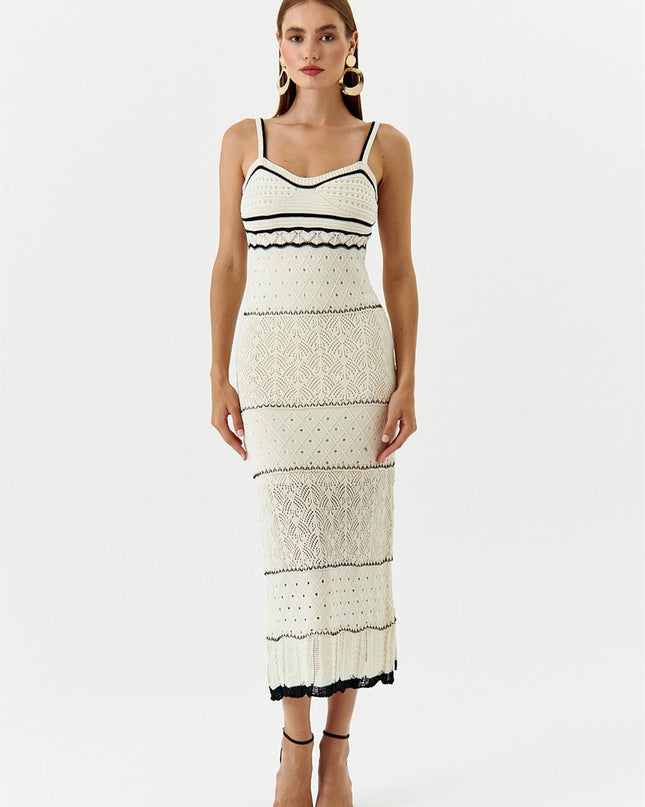 Nan Kontrast Tığ İşi Uzun Askılı Elbise