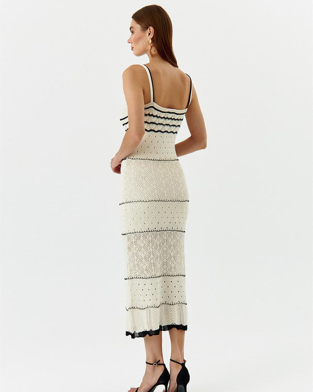 Nan Kontrast Tığ İşi Uzun Askılı Elbise