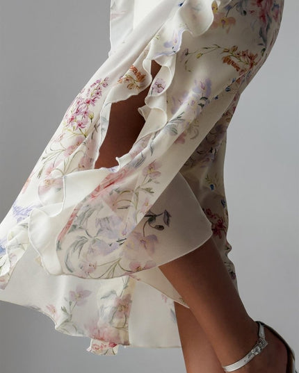 Naomi Çiçekli Volanlı Kesimli Askılı Midi Elbise