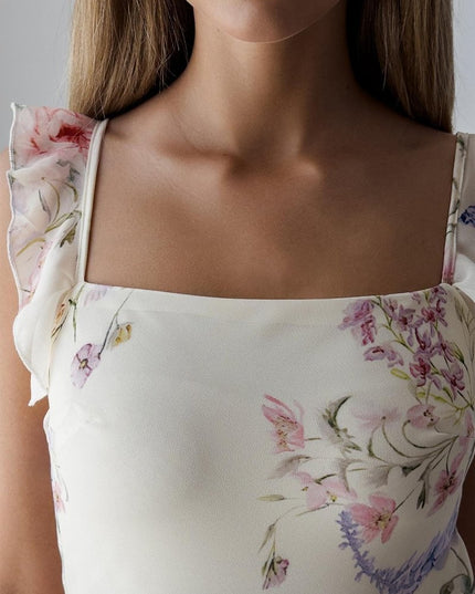 Naomi Çiçekli Volanlı Kesimli Askılı Midi Elbise