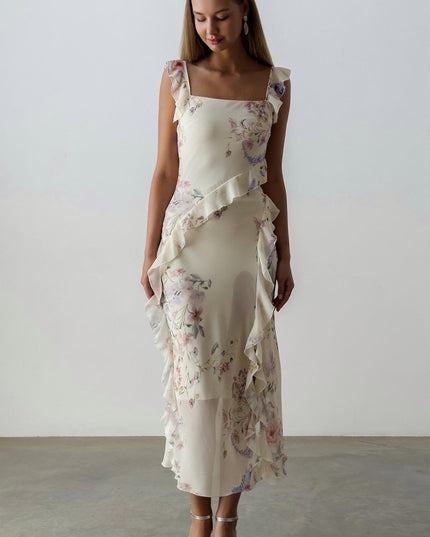 Naomi Çiçekli Volanlı Kesimli Askılı Midi Elbise