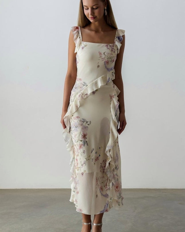 Naomi Çiçekli Volanlı Kesimli Askılı Midi Elbise