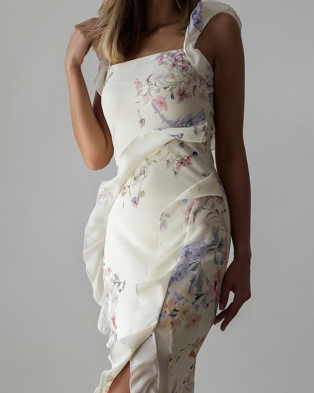 Naomi Çiçekli Volanlı Kesimli Askılı Midi Elbise
