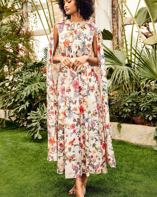 Nola Yuvarlak Yaka Pelerin Kollu Uzun Elbise