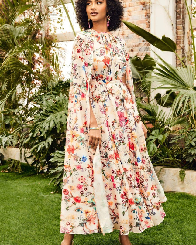 Nola Yuvarlak Yaka Pelerin Kollu Uzun Elbise