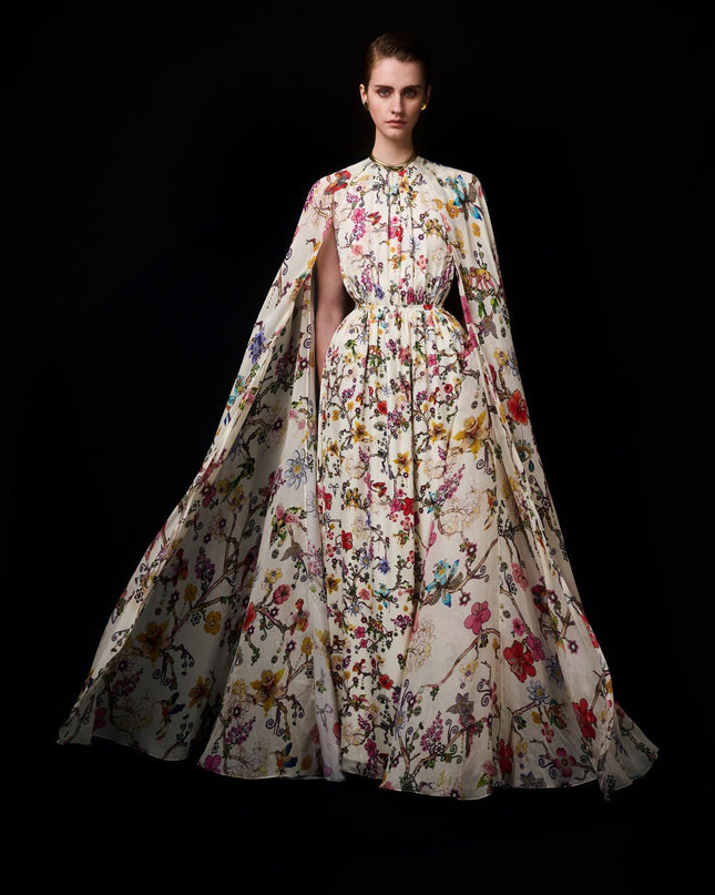 Nola Yuvarlak Yaka Pelerin Kollu Uzun Elbise