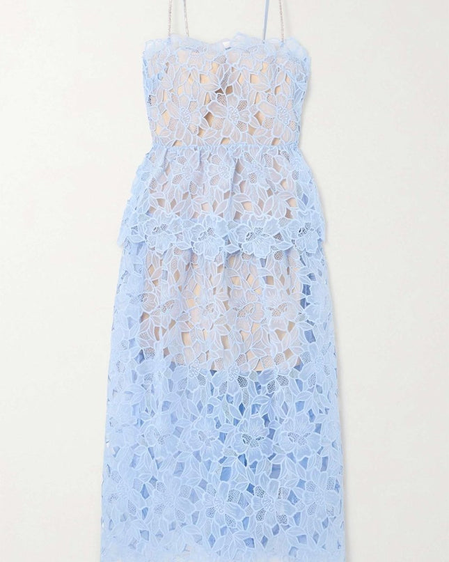 Ophelia Dantel Katmanlı Askılı Midi Elbise