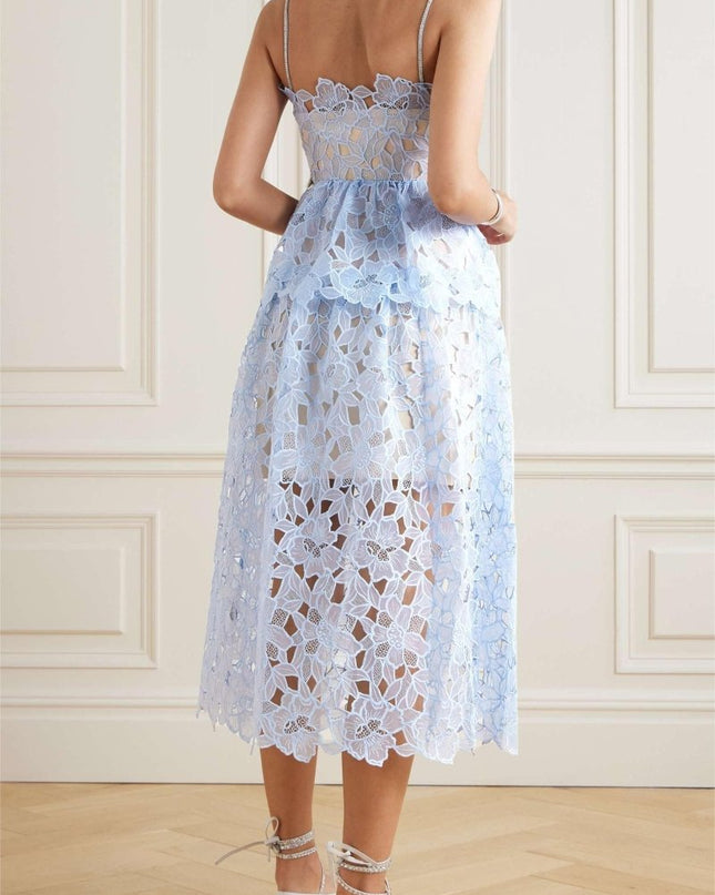 Ophelia Dantel Katmanlı Askılı Midi Elbise
