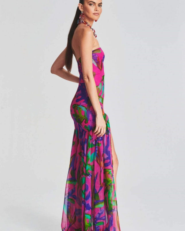 Pam Baskılı Straplez Yırtmaçlı Uzun Elbise