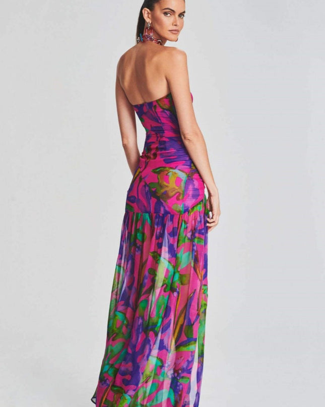 Pam Baskılı Straplez Yırtmaçlı Uzun Elbise