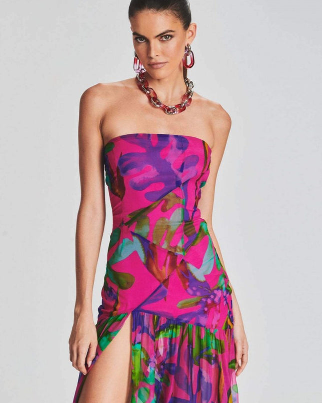 Pam Baskılı Straplez Yırtmaçlı Uzun Elbise