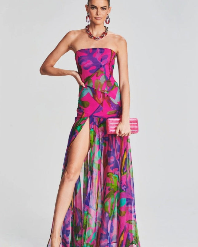Pam Baskılı Straplez Yırtmaçlı Uzun Elbise