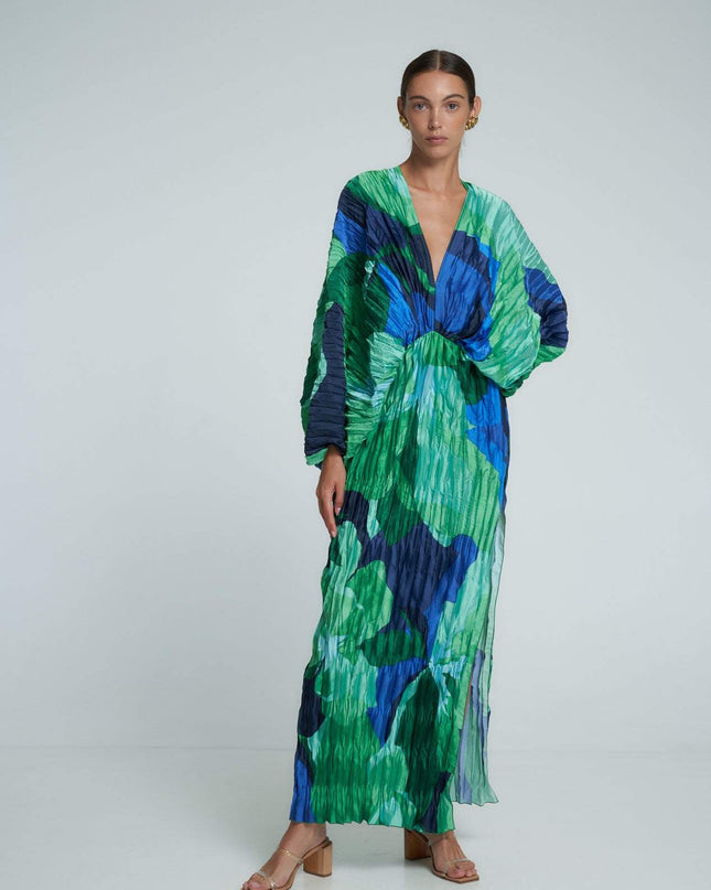 Pamela Baskılı Büzgülü Maxi Kapak Elbise