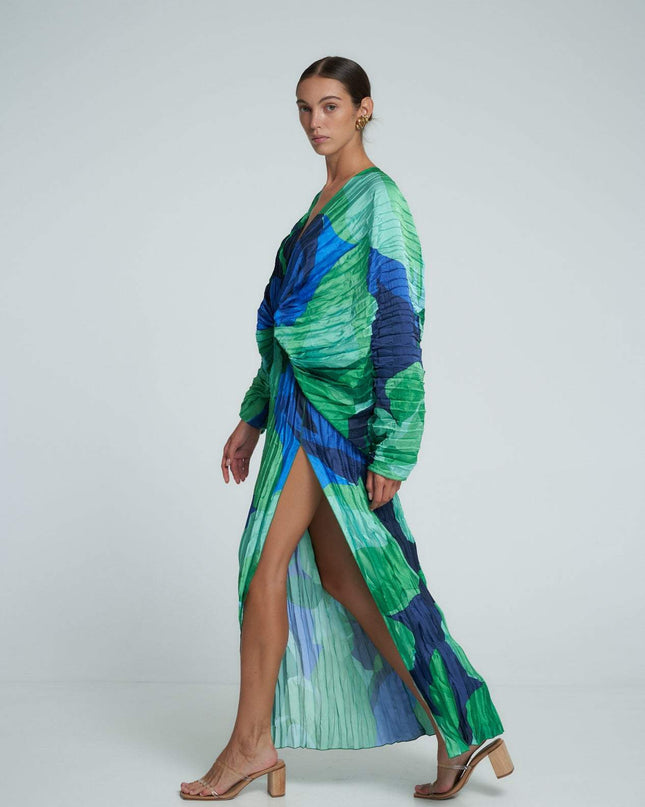 Pamela Baskılı Büzgülü Maxi Kapak Elbise