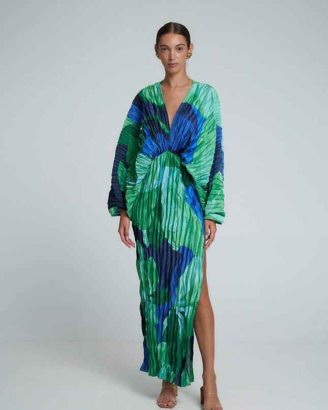 Pamela Baskılı Büzgülü Maxi Kapak Elbise