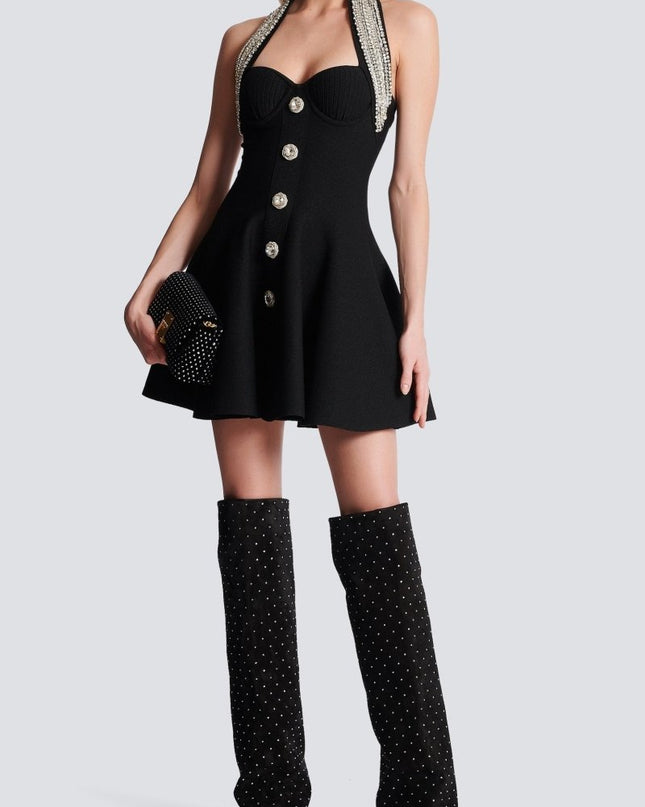 Patricia Kristal Taşlı Boyundan Bağlamalı Mini Triko Elbise