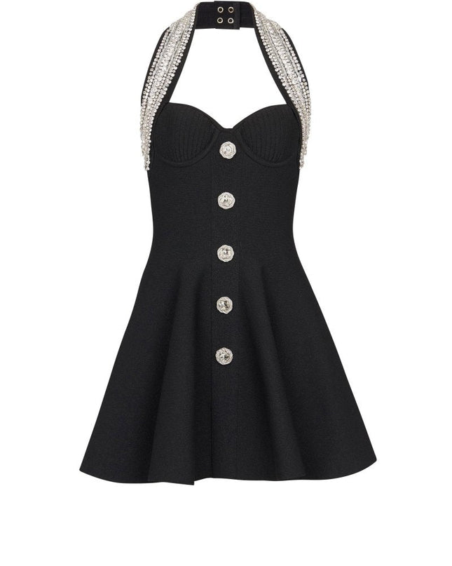 Patricia Kristal Taşlı Boyundan Bağlamalı Mini Triko Elbise