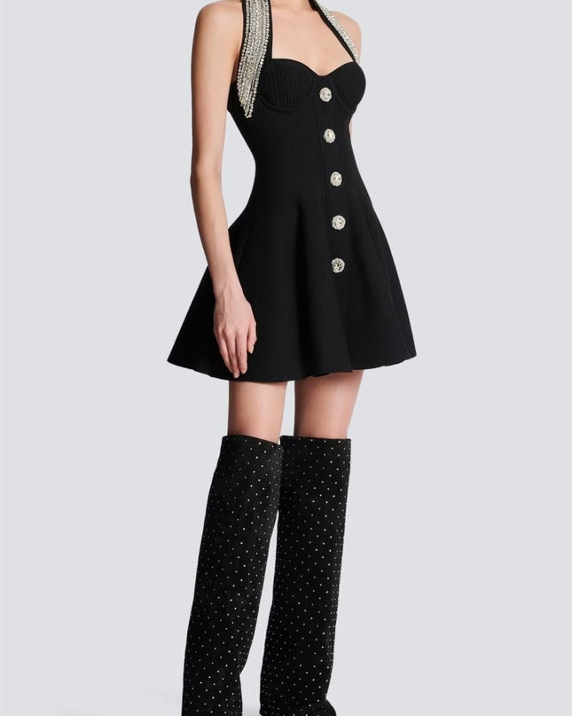 Patricia Kristal Taşlı Boyundan Bağlamalı Mini Triko Elbise