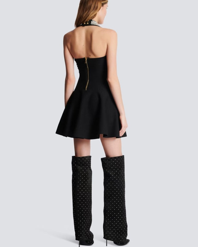 Patricia Kristal Taşlı Boyundan Bağlamalı Mini Triko Elbise