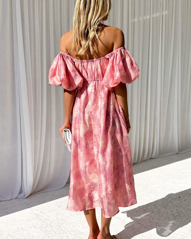 Patricia Omuzları Açık Puf Kollu Midi Elbise