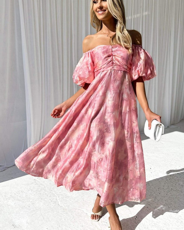 Patricia Omuzları Açık Puf Kollu Midi Elbise