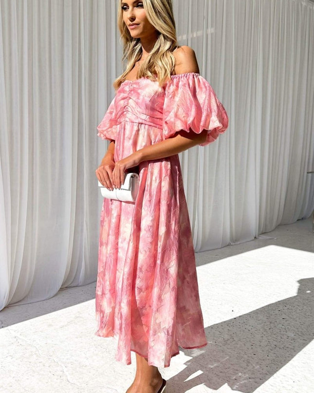 Patricia Omuzları Açık Puf Kollu Midi Elbise