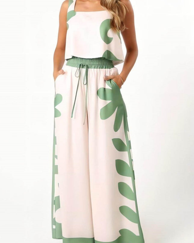 Kolsuz Halk Çiçek Gevşek Geniş Paça Pantolon Takımı