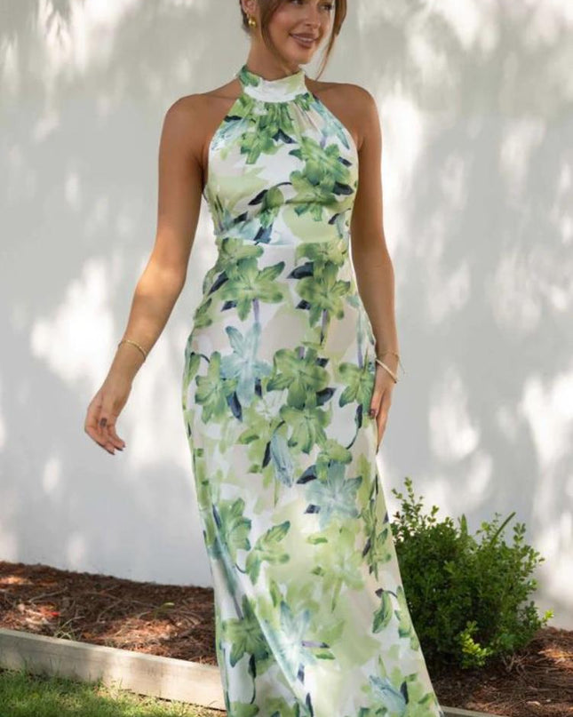 Gill Baskılı Halter Yaka Sırtı Açık Saten Midi Elbise