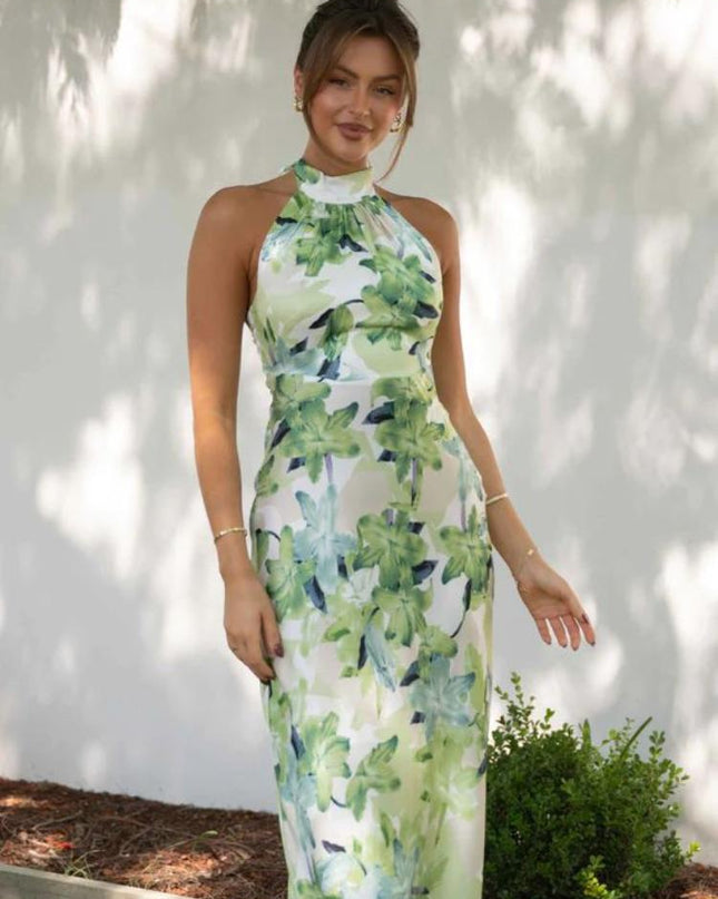 Gill Baskılı Halter Yaka Sırtı Açık Saten Midi Elbise