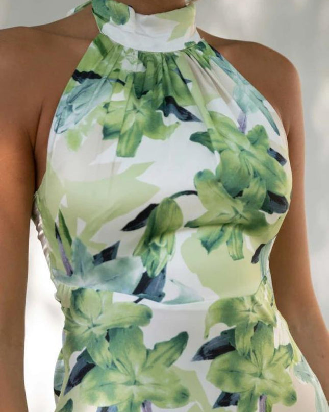 Gill Baskılı Halter Yaka Sırtı Açık Saten Midi Elbise