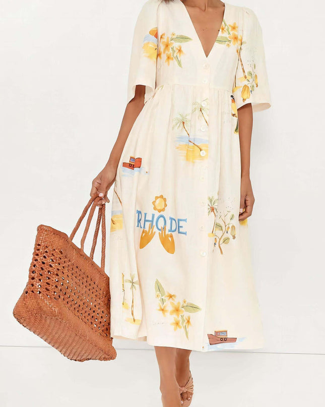 Baskılı Keten Midi Elbise