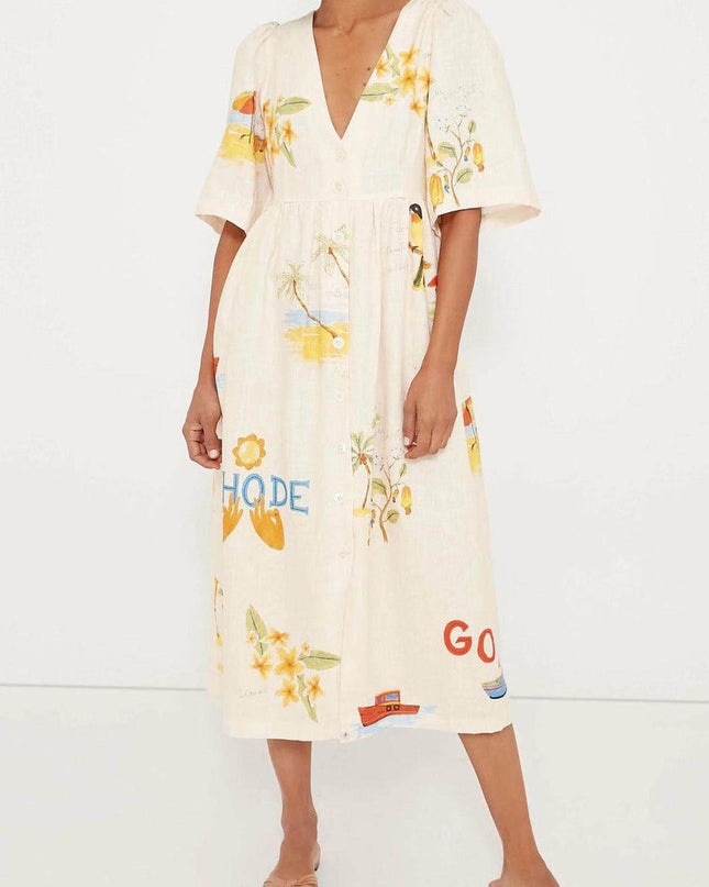 Baskılı Keten Midi Elbise