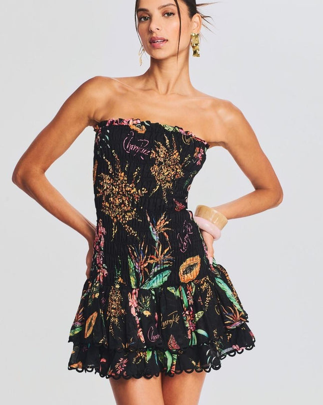 Rosa Büzgülü Baskılı Mini Elbise