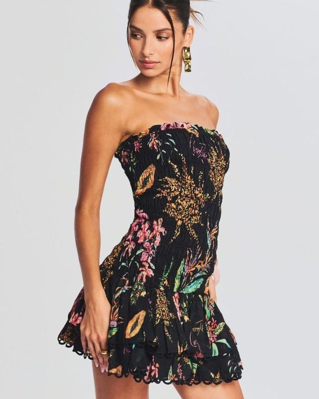 Rosa Büzgülü Baskılı Mini Elbise