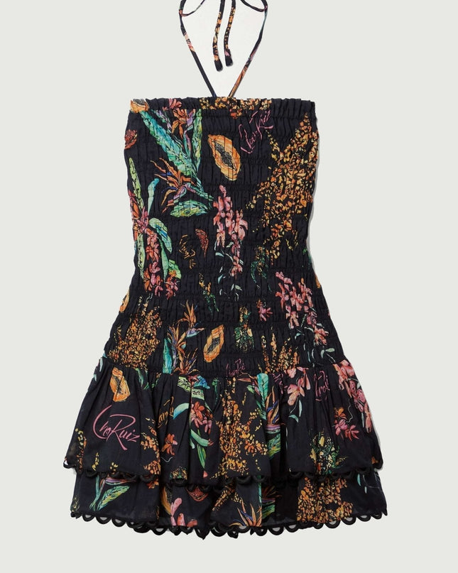 Rosa Büzgülü Baskılı Mini Elbise