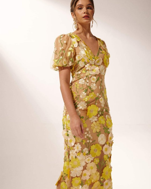 Sally V yakalı çiçekli midi elbise