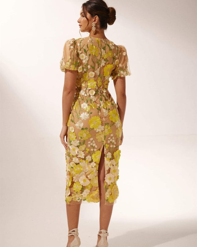 Sally V yakalı çiçekli midi elbise